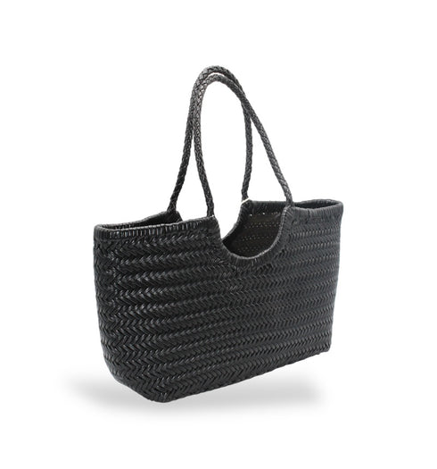 Carmel - Genuine Leather U Shape Handwoven Tote Bag Black